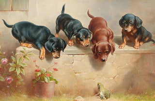 Carl Reichert - Curious dachshund puppies and a frog.webp