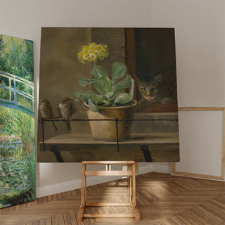 Kunstdruck | Stillleben mit Primel in einer Blumenvase, einer Katze und zwei Spatzen - Martinus Rørbye