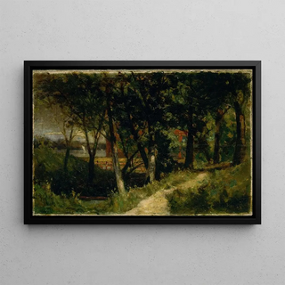 Edward Mitchell Bannister - Untitled landscape forest scene with red fence and building.webp