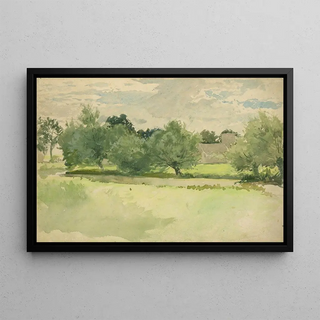 Edwin Austin Abbey - Landscape Meadow Church in background.webp