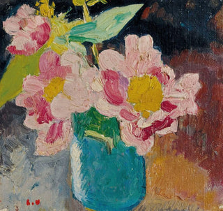 Fleurs roses aux cœurs jaunes vase bleu - Louis Valtat