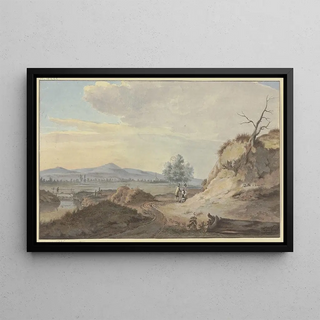 Gerrit Toorenburgh - Rechts ein Sandabhang mit einem drren Baum an dessen Fue zwei Frauen und zwei Mnner sich unterhalten.webp