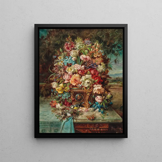 Hans Zatzka - Reiches Blumenstillleben mit Blaumeise vor einer weiten Landschaft.webp