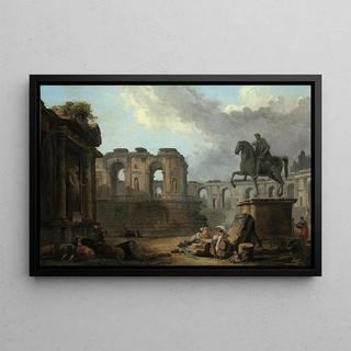 Hubert Robert - A Roman capriccio with washerwomen by the Statue of Marcus Aurelius.webp