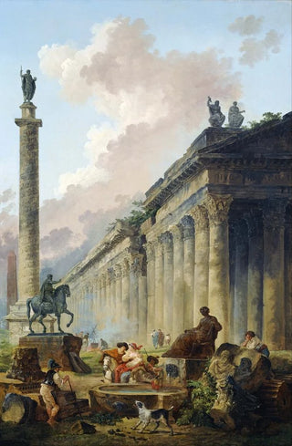 Hubert Robert - Imaginary View of Rome with Equestrian Statue of Marcus Aurelius the Column of Trajan and a Temple.webp