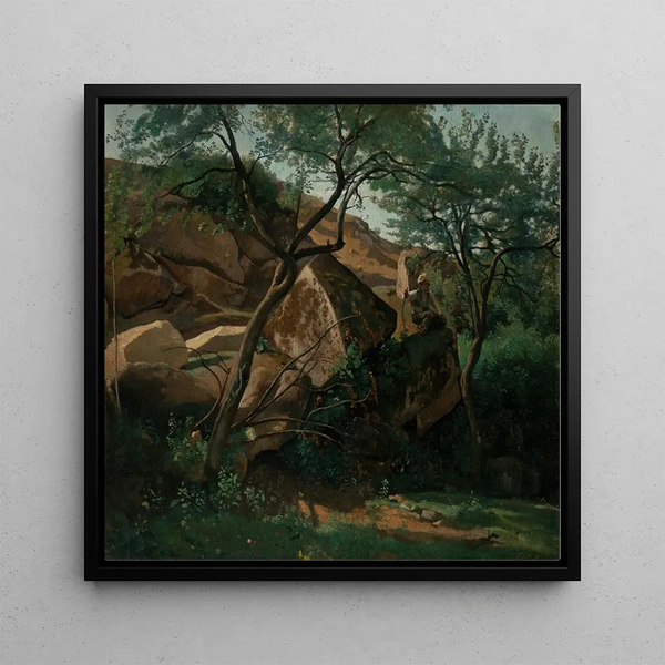Junger Hirte zwischen den Felsen, Fontainebleau-Wald - Jean-Baptiste-Camille Corot — gerahmtes Bild an der Wand