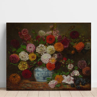 Nature morte aux dahlias, zinnias, roses trémières et prunes - Eugène Delacroix | Reproduction Tableau Décoration murale affiche copie