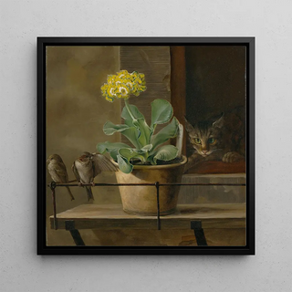 Nature morte avec une primevère dans un pot de fleurs, un chat et deux moineaux - Martinus Rørbye