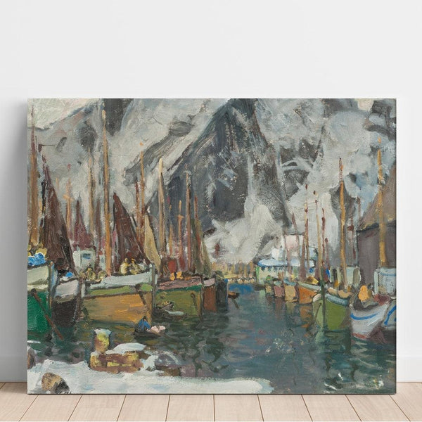 Reproduktion des Gemäldes Unter den Fischerkähnen in Svolvær, Studie der Lofoten - Anna Boberg
