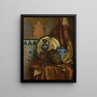 Rudolf Ernst - A Tambourine Knife Turkish Box Turkish Jug Moroccan Tile and Plate on a Satin Covered Table.webp