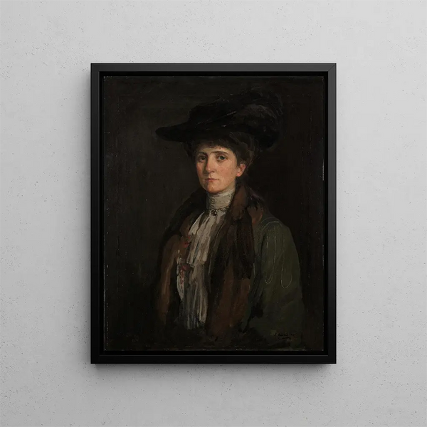 Eine Dame in Braun, die man für Margaret Edith Bannatyne Cobb hält - Sir John Lavery — gerahmtes Bild an der Wand