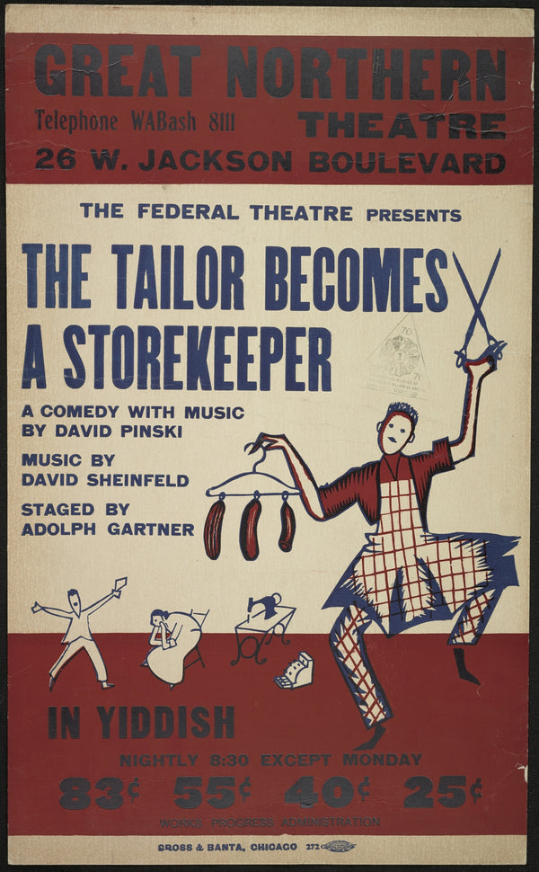 Vintage-Theaterposter "The Tailor Becomes a Storekeeper" auf Jiddisch