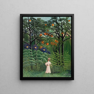 Frau, die in einem exotischen Wald von Henri Rousseau spazieren geht