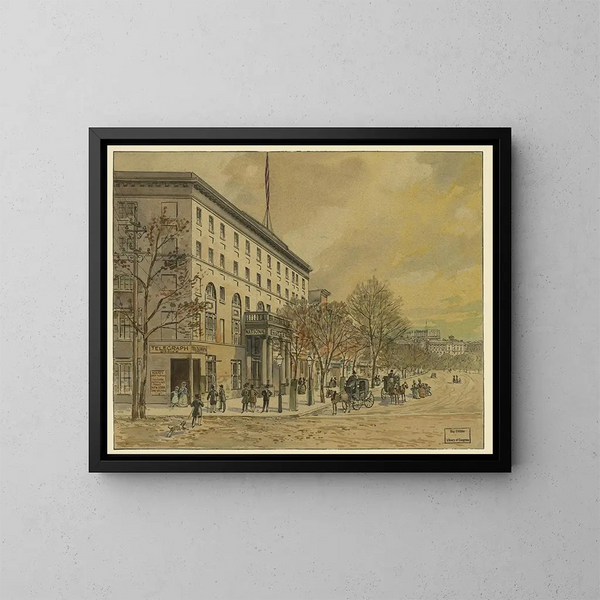 Vue de Washington en regardant vers le bas de la Pennsylvania Avenue vers le Capitole inachevé, Hôtel National à gauche n° 1 - A Meyer — gerahmtes Bild an der Wand