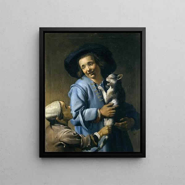 Junge spielen mit der Katze - Abraham Bloemaert — gerahmtes Bild an der Wand