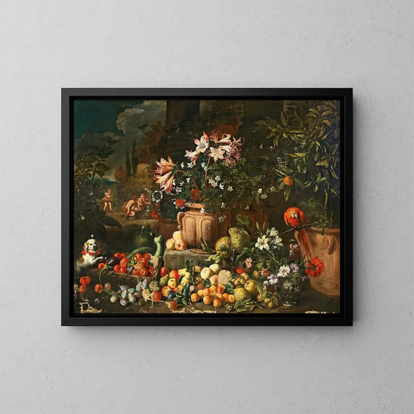Naturstillleben mit Blumen, Früchten, Putten und Tieren - Abraham Brueghel — gerahmtes Bild an der Wand