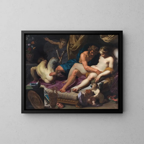 Hercule bei der Jagd auf Faunus aus dem Bett von Omphale - Abraham Janssens — gerahmtes Bild an der Wand