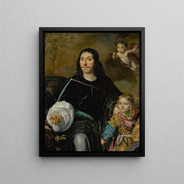 Portrait eines Gentlemans und eines jungen Jungen - Abraham Lambertsz van den Tempel — gerahmtes Bild an der Wand