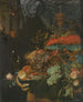 Stillleben mit Früchten und einem Stieglitz – Abraham Mignon — Trauben, Hummer und Stieglitz in einem Fenster