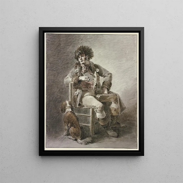 auf Leinwand: Ein Mann sitzt auf einem Stuhl mit einer Pfeife in der Hand, begleitet von einem Hund - Abraham Teerlink — gerahmtes Bild an der Wand
