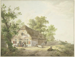 Abraham Teerlink - Bauernhaus am Weg auf dem fnf Khe und ein Reiter sind vor dem Haus fnf Figuren und ein Hund.webp