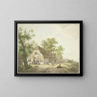 Abraham Teerlink - Bauernhaus am Weg auf dem fnf Khe und ein Reiter sind vor dem Haus fnf Figuren und ein Hund.webp