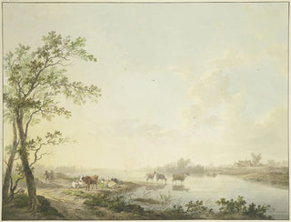 Abraham Teerlink - Nebliger Morgen an einem Flusse am Ufer sieben Khe zum Teil im Wasser stehend.webp