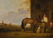 Ein Ritter, der sich um sein Pferd kümmert, ein Kuhhirte mit seinem Vieh in der Ferne - Abraham van Calraet — Ansicht des Kunstwerks