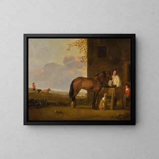 Abraham Van Calraet - A horseman tending his horse a cowherd with his cattle beyond.webp