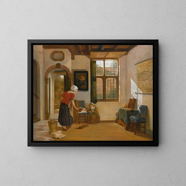 Innenraum mit einer Dienerin, einem Mädchen mit einem Hund und einer Dordrecht-Karte - Abraham van Strij — gerahmtes Bild an der Wand