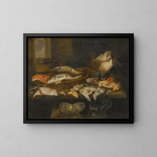 Abraham van Beijeren - A Still Life With Salmon Plaice A Crab And Other Fish Arranged On A Table A View Of The Sea Beyond.webp