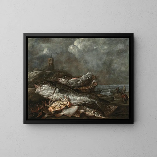 Abraham van Beyeren - Fish on the beach at Egmond.webp