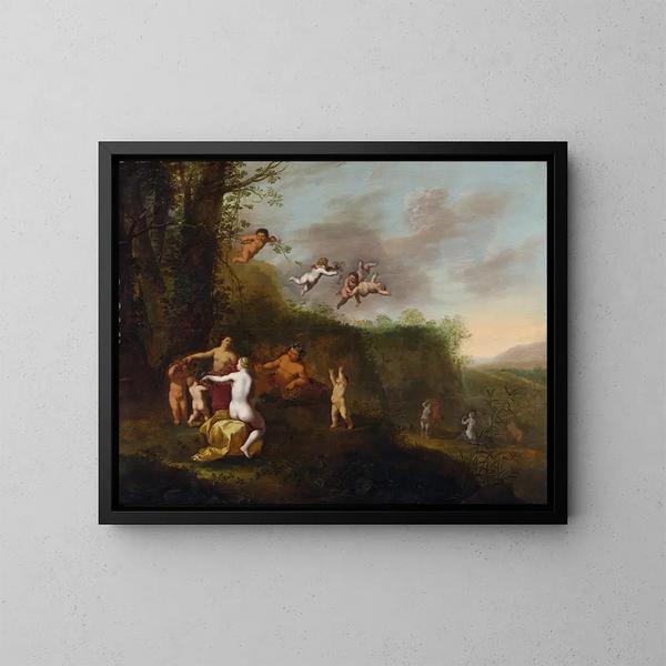 Bacchus und die Nymphen in einer Landschaft - Abraham van Cuylenborch — gerahmtes Bild an der Wand