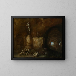 Abraham van Cuylenborch - Interior of a grotto with sculptures and a sleeping shepherd.webp