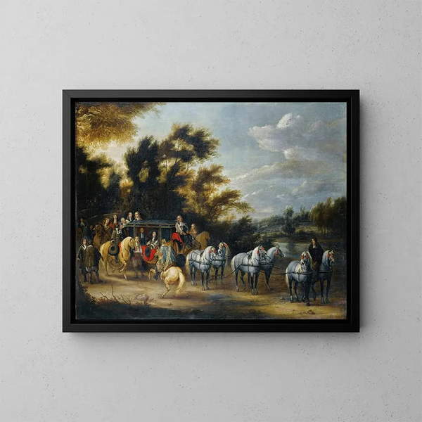 Halte de carrosse près d'un bois - Adam Frans van der Meulen — gerahmtes Bild an der Wand
