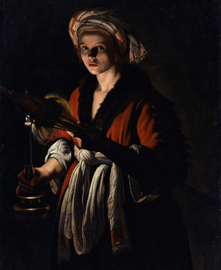 Adam de Coster - A Young Woman Holding A Distaff Before A Lit Candle.webp