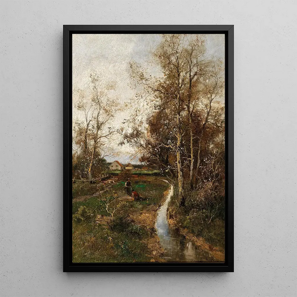 Frühlingslandschaft mit einem Bach - Adolf Kaufmann — gerahmtes Bild an der Wand