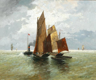 Adolf Kaufmann - Steamboat and Fishing Boats at Sea.webp