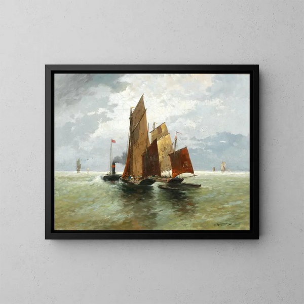 Dampfboote und Fischereiboote auf See - Adolf Kaufmann — gerahmtes Bild an der Wand