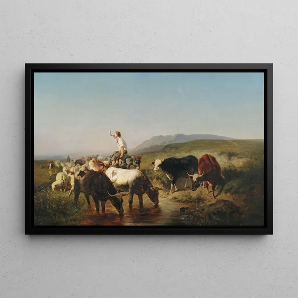 Adolf Schreyer - Vieh und Schafherde mit eselreitendem Hirtenknaben in weiter Landschaft.webp