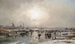 Winterfreuden auf einem zugefrorenen Kanal vor einer holländischen Stadt Silhouette - Adolf Stademann — Ansicht des Kunstwerks