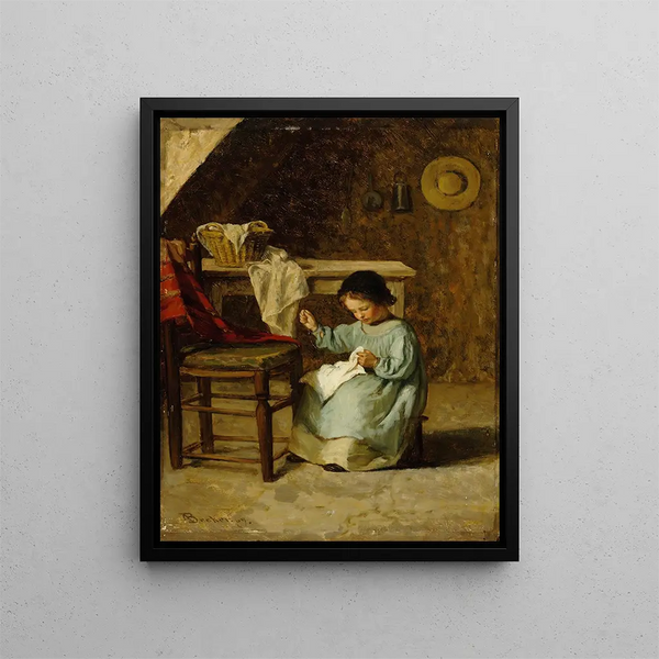 Mädchen, das näht - Adolf von Becker — gerahmtes Bild an der Wand