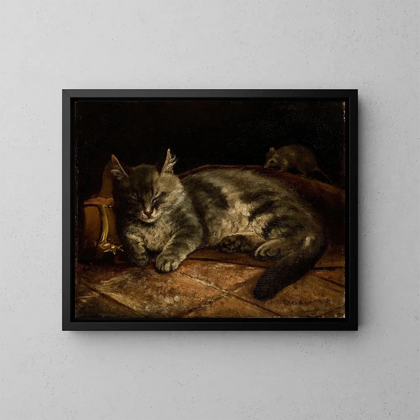 Schlafende graue Katze und eine Ratte - Adolf von Becker — gerahmtes Bild an der Wand