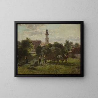 Adolf van der Venne - Carting hay with a view of the village and the church.webp