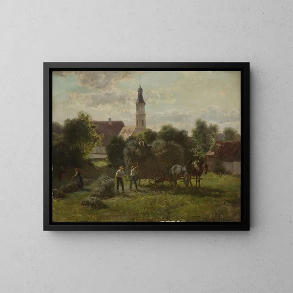 Transport de foin avec vue sur le village et l'église - Adolf van der Venne — gerahmtes Bild an der Wand