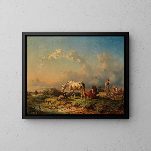 Des Pferde, die sich in der Nähe eines Flusses ausruhen - Adolf van der Venne — gerahmtes Bild an der Wand