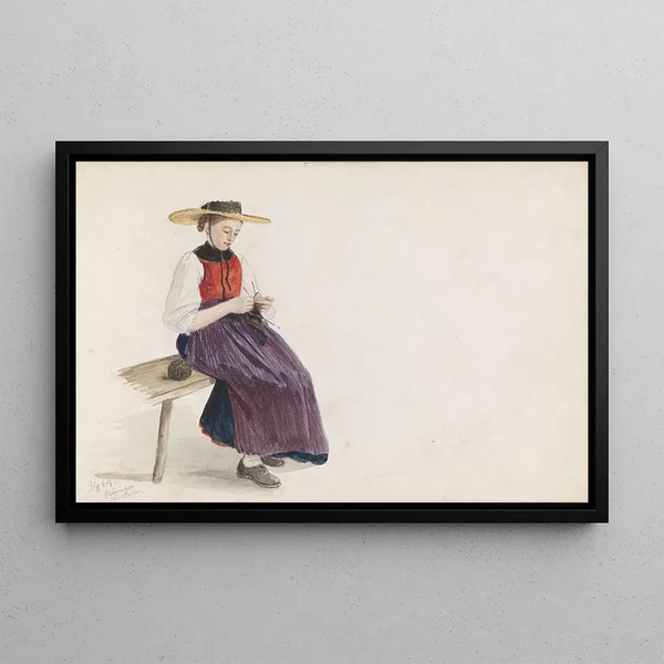 Adolph Tidemand - Strikkende ung pike med bred hatt Meiringen.webp