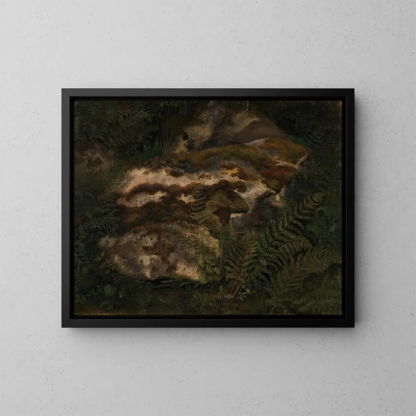 Studie eines mit Moos und Farnen bedeckten Steins - Adolph Tidemand — gerahmtes Bild an der Wand