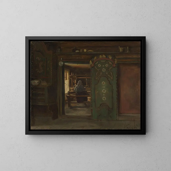 Frau am Webstuhl - Adolph Tidemand — gerahmtes Bild an der Wand