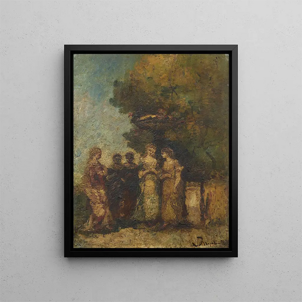 Fünf junge Frauen in einem Garten vor einem Brunnen - Adolphe Monticelli — gerahmtes Bild an der Wand